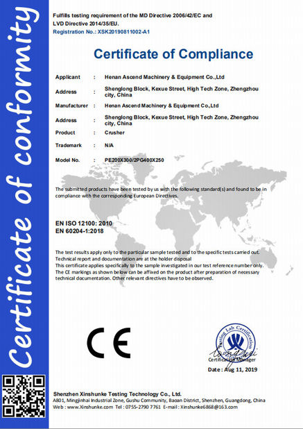 Chiny Henan Ascend Machinery Equipment Co., Ltd. Certyfikaty